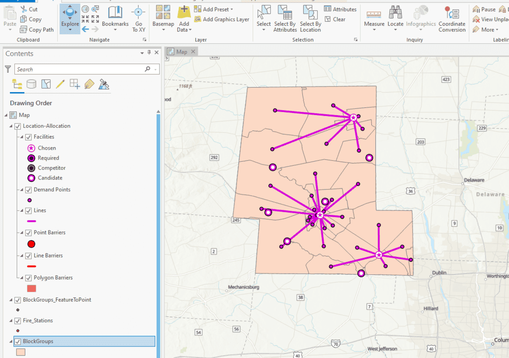 A screenshot of a map showing the results of a location allocation analysis in ArcGIS Pro.