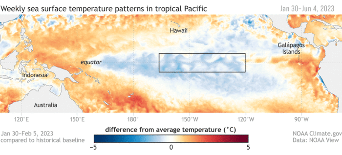 Animated gif showing sea surface temperature patterns across the Pacific Ocean with colder waters in blue and warmer waters in orange and red.