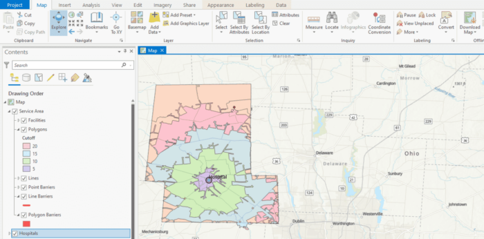 Screenshot from ArcGIS Pro showing the mapped results of a service area analysis.