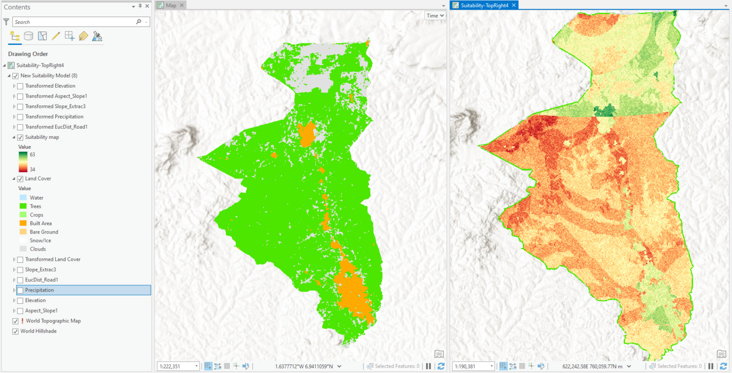 Side by side maps showing land cover and a suitability map showing areas where cocoa can be planted.