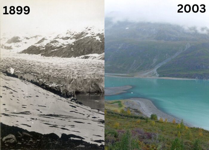 Side by side comparison of black and white photo from 1899 showing glaciers and a color photo from 2003 showing a bay with water.