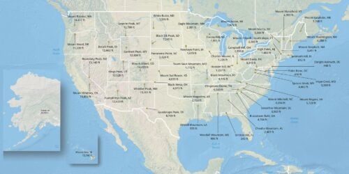 A shaded relief map with labels of the highest point in each state.