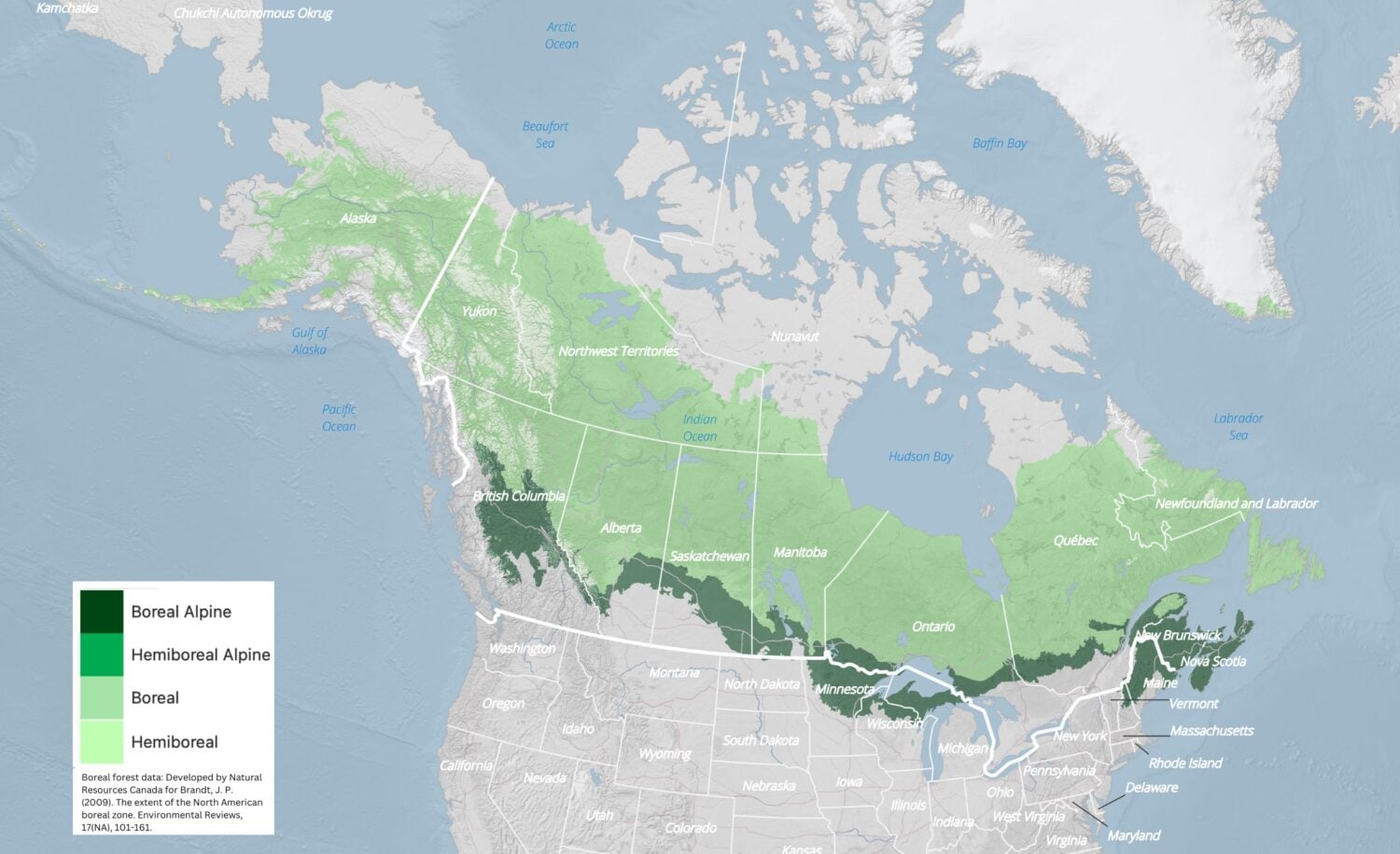 A shaded relief map of the northern part of the United States and Canada showing areas in green that are boreal and hemiboreal forests.
