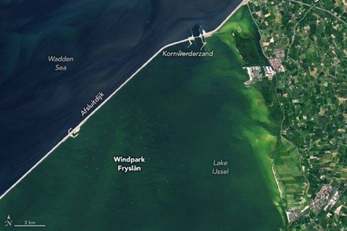 A satellite view of a wind farm called Windpark Fryslân in the Netherlands.