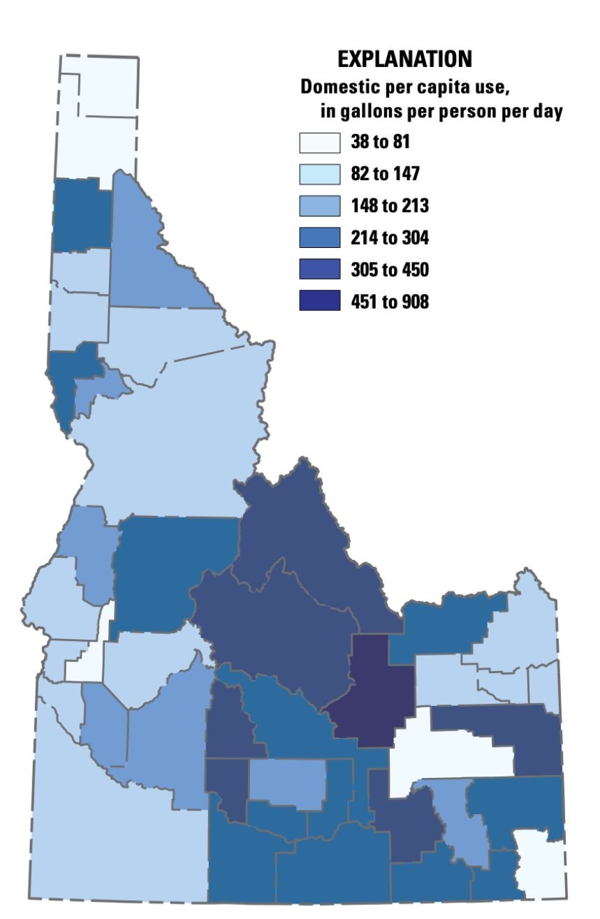 A choropleth map with light to dark blue gradient showing water usage per person in Idaho.