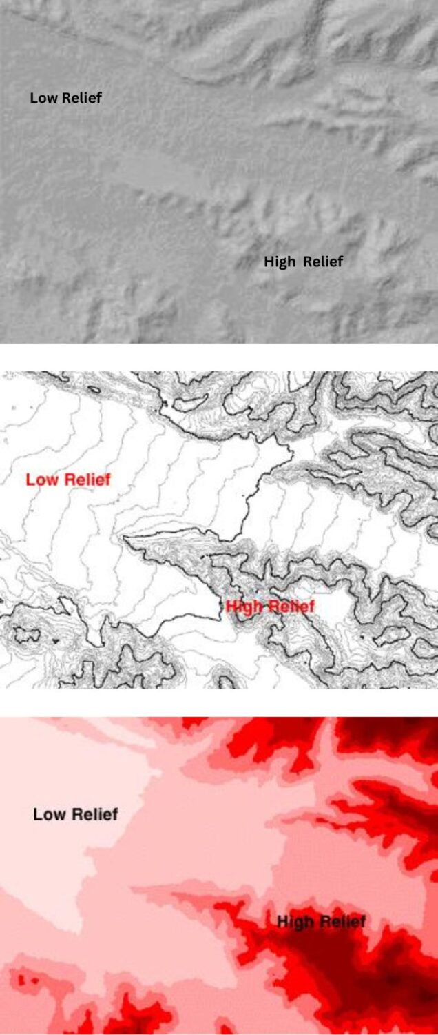 A series of three images: top is a gray shaded relief, middle is a black and white contour image, and the bottom is a digital elevation model in shades of red with darker red indicating higher elevation.