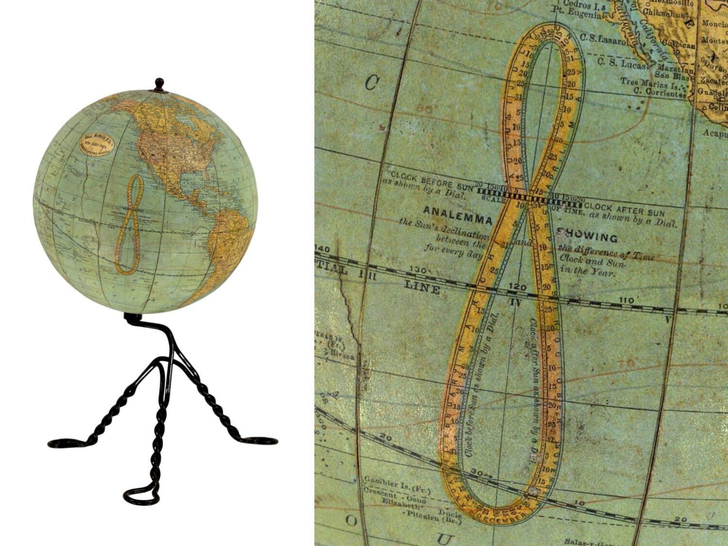 A globe from the early 20th century with a black wire base with a side picture showing an analemma printed on it.