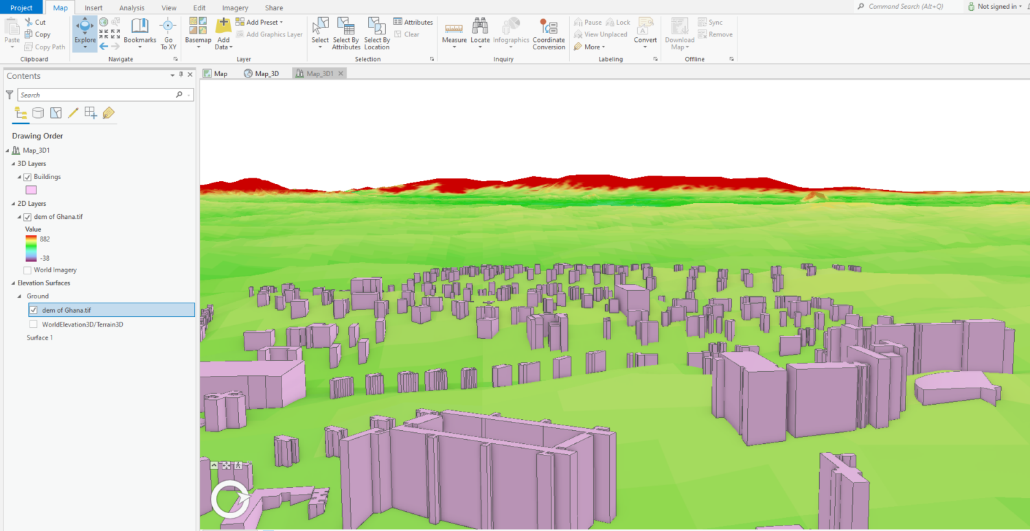 An oblique image of 3D buildings in purple on top of a green base layer.