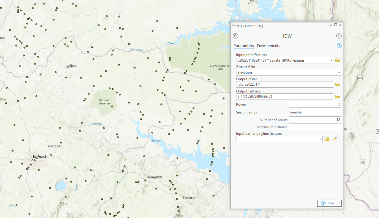 Screenshot from ArcGIS Pro showing a base map with elevation points in black.