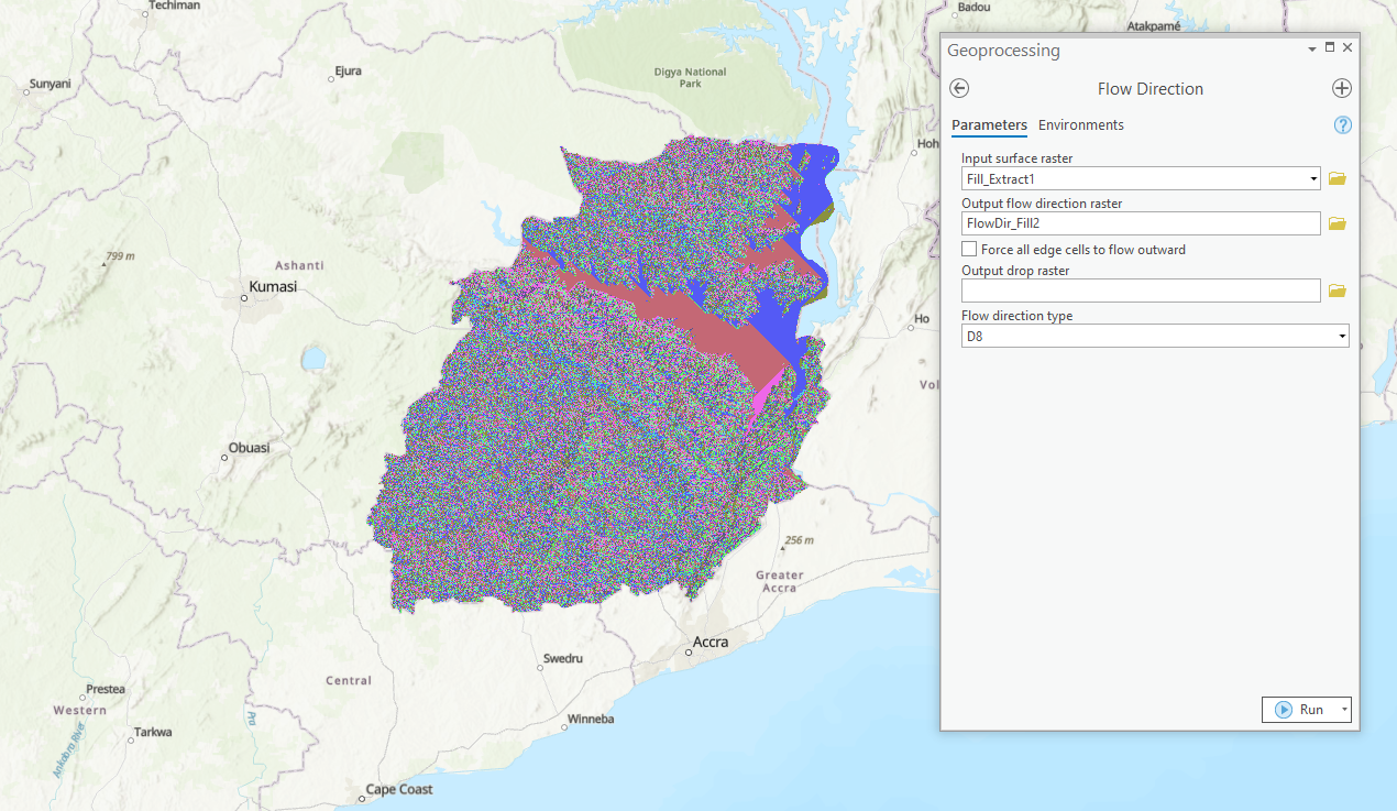 A screenshot showing a base map in ArcGIS pro with a multicolored raster layer showing water flow direction.