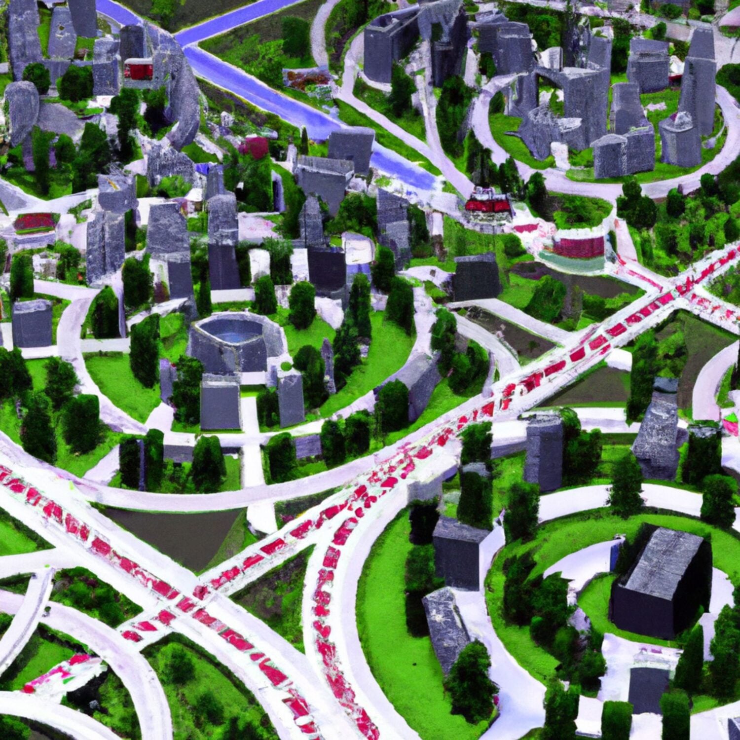 An AI drawing of a cite with buildings organized in circles.