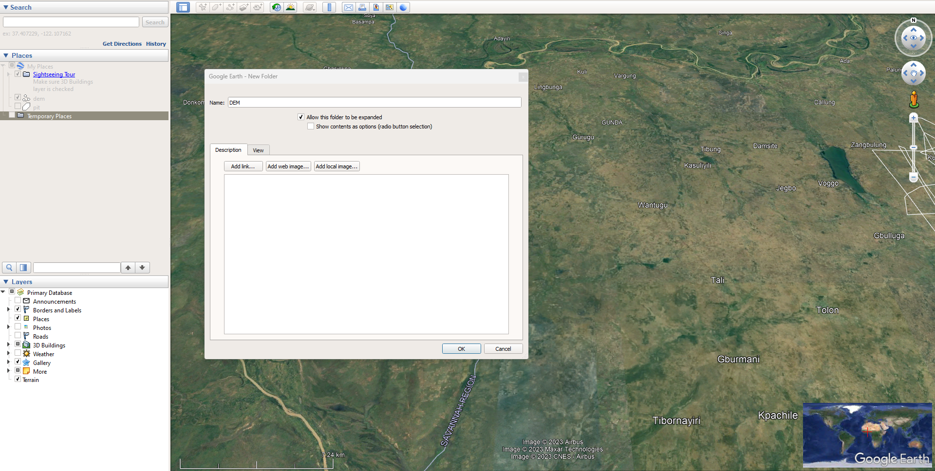 A screenshot of the Google Earth Pro interface showing the background of a satellite map.