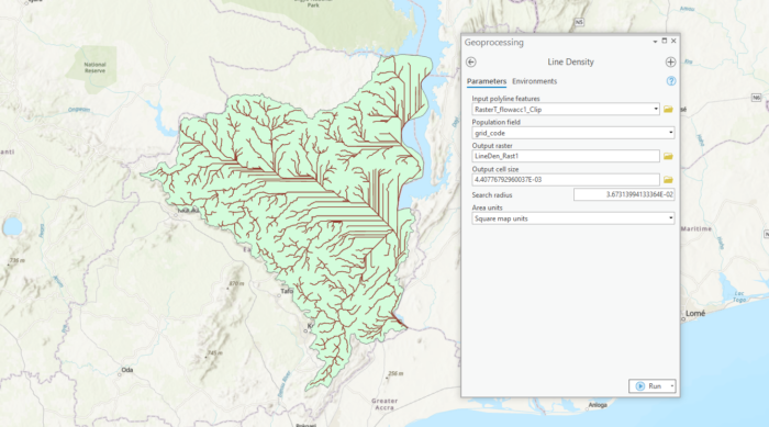 Screenshot showing a watershed boundary with lines showing the density of water flow on top of a base map.