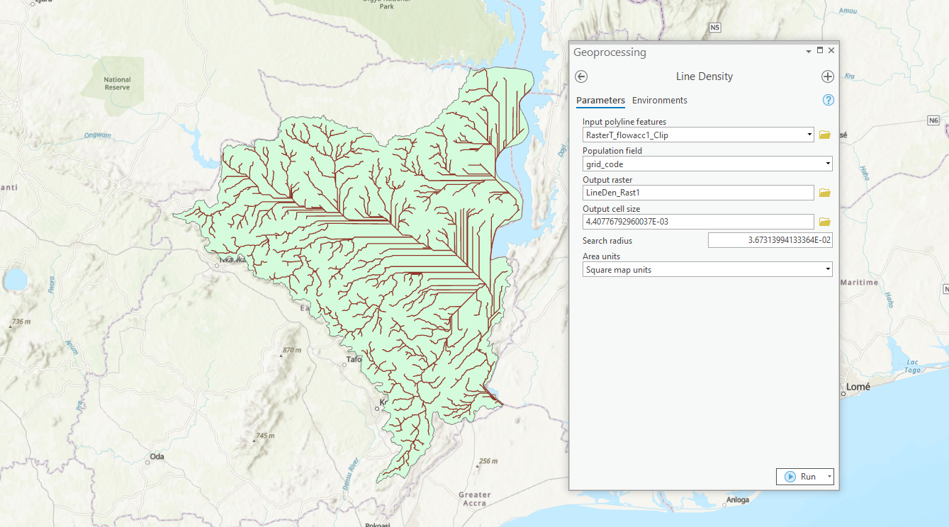 Screenshot showing a watershed boundary with lines showing the density of water flow on top of a base map.