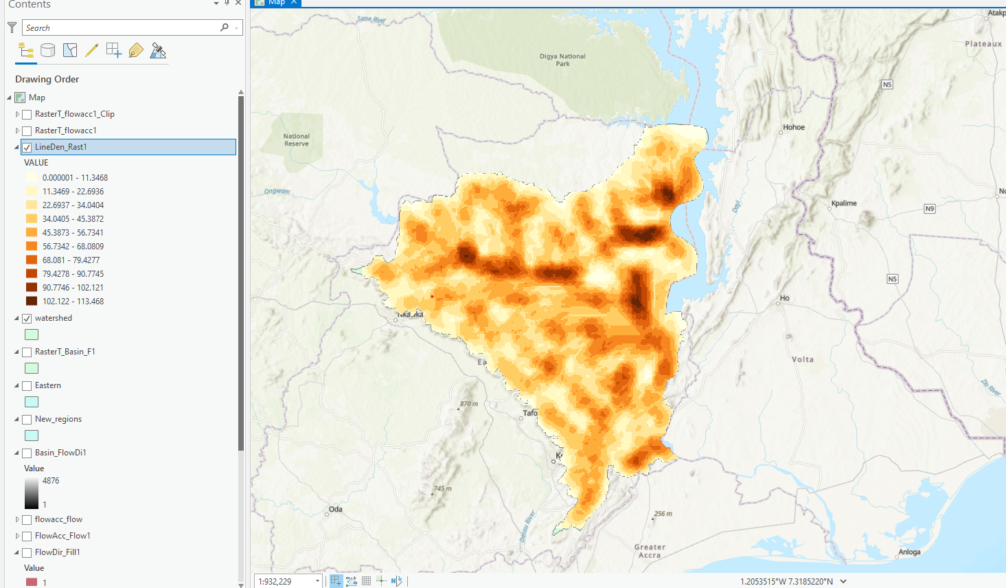A yellow to dark orange raster layers showing the density of water overlain onto a base map in ArcGIS Pro.