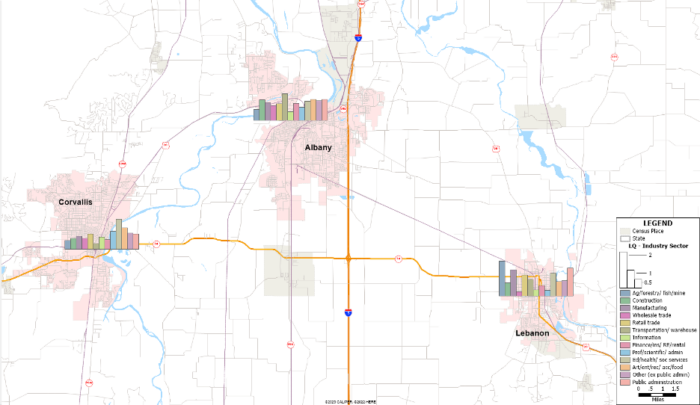 A basic map showing cities with a bar graph icon for each of the cities.
