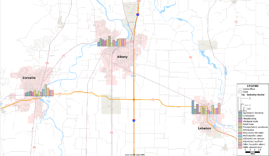 A basic map showing cities with a bar graph icon for each of the cities.