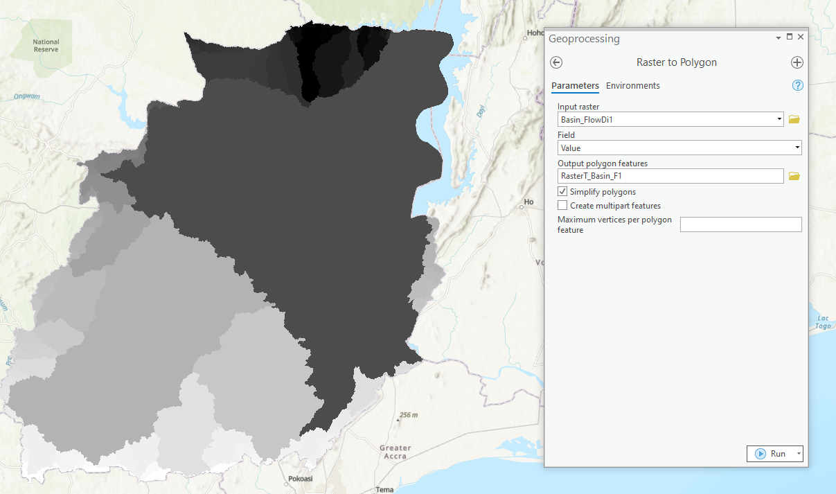 A screenshot from ArcGIS pro showing the area of a watershed on top of a baseman with the watershed in shades of light gray to dark grey.