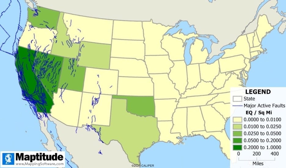A choropleth map in shades of dark green to yellow showing earthquakes for the United States by density.