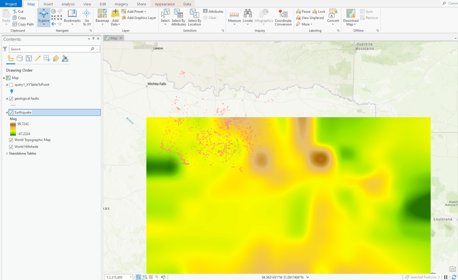 Screenshot showing a raster layer interpolated from the magnitude value of an earthquake data set with fault lines.