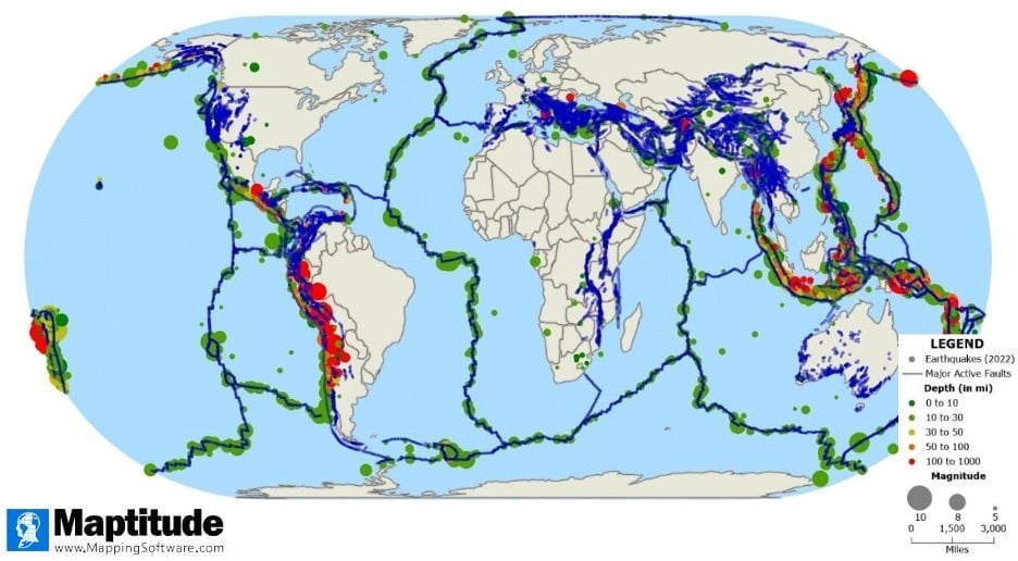 A map showing earthquakes and tectonic plates.