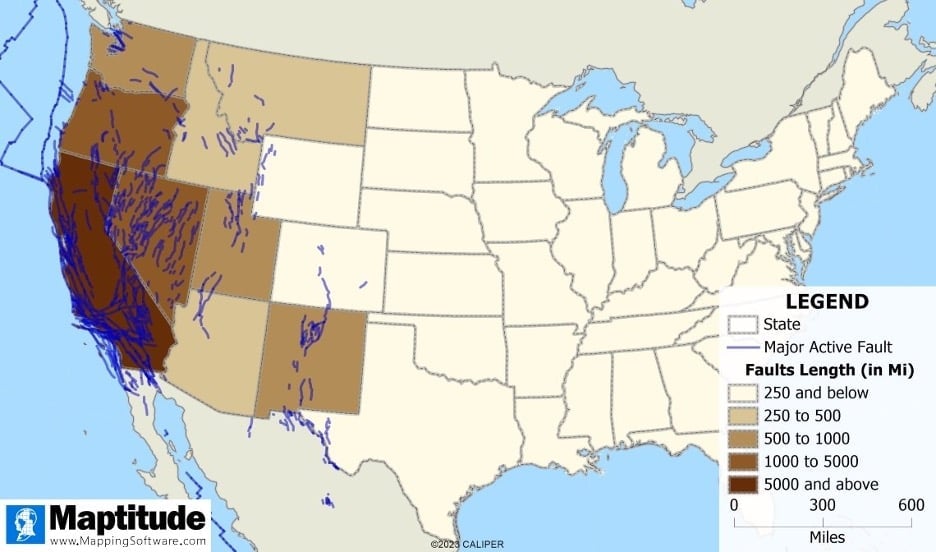 Choropleth map with shades of brown showing the total length in miles of faults.