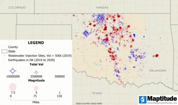 Map of Oklahoma showing the incidence of fracking and earthquakes.