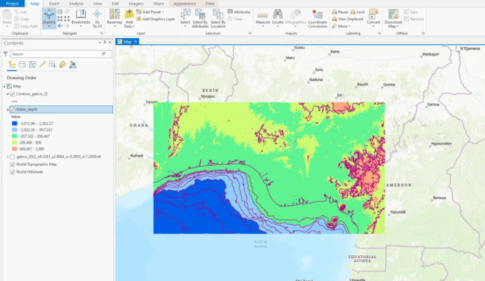 A screenshot from ArcGIS pro showing bathymetry data with a rainbow gradient with contour lines.