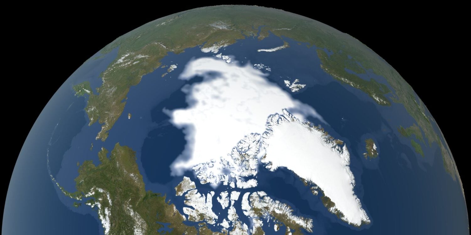 A visualized view of the Earth looking at the Arctic in 2023.