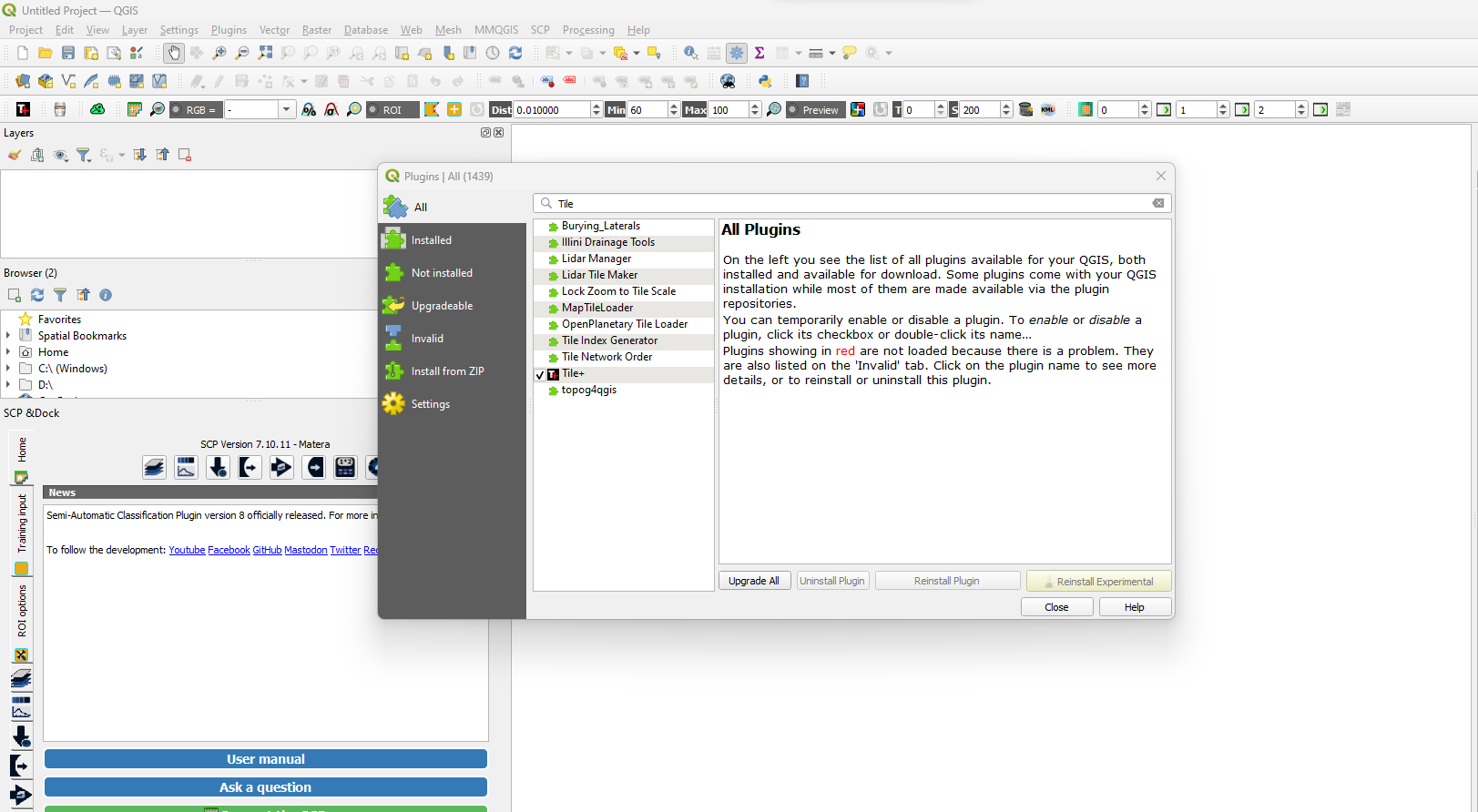 Screenshot showing the tile plugin interface in QGIS.