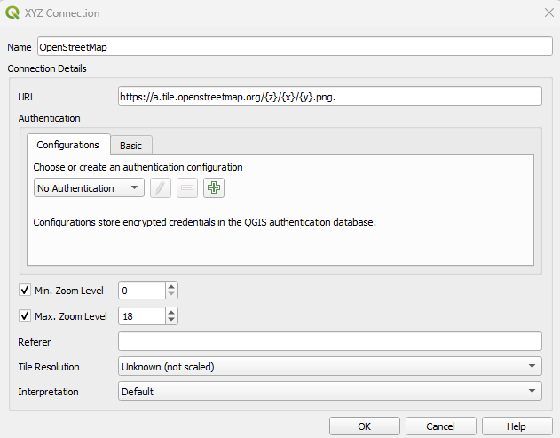 Screenshot showing the XYZ tiles interface in QGIS.
