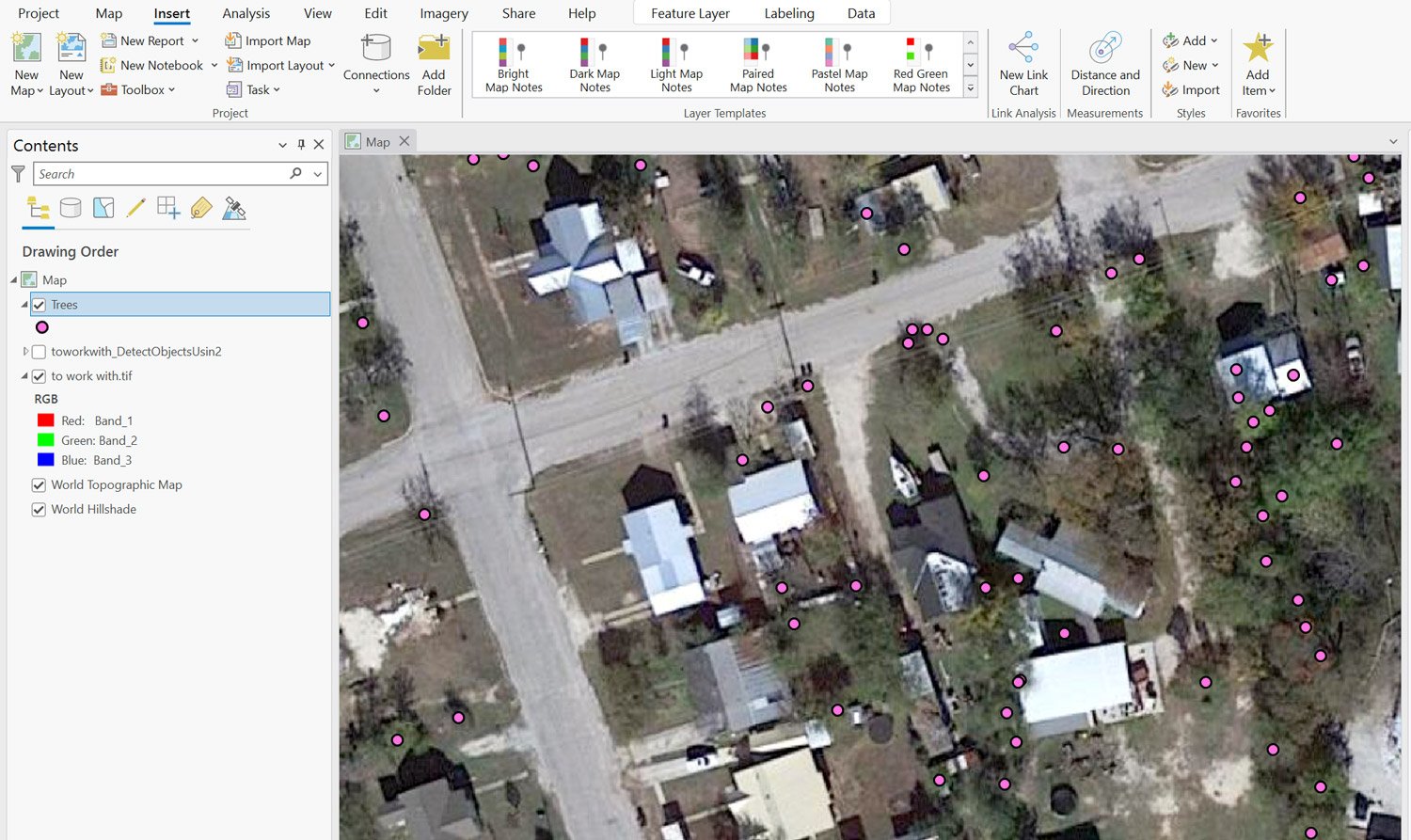 Screenshot from ArcGIS Pro showing a satellite image with pink dots for tree locations.