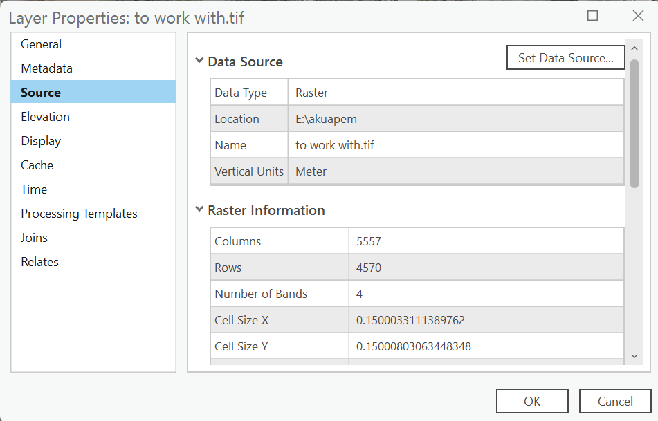 Screenshot showing the raster information window in ArcGIS Pro.