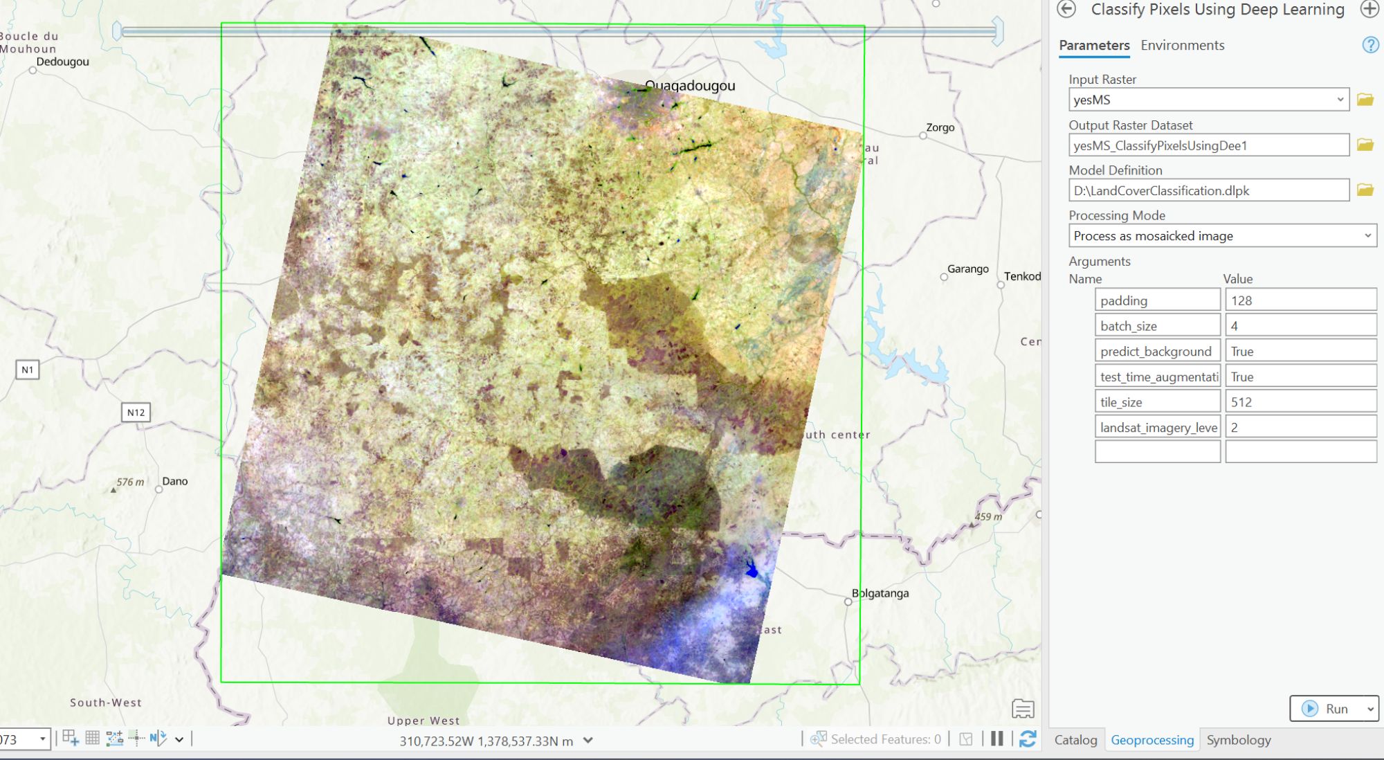 Screenshot showing the Classify pixels using deep learning interface and a map of an aerial in ArcGIS Pro.