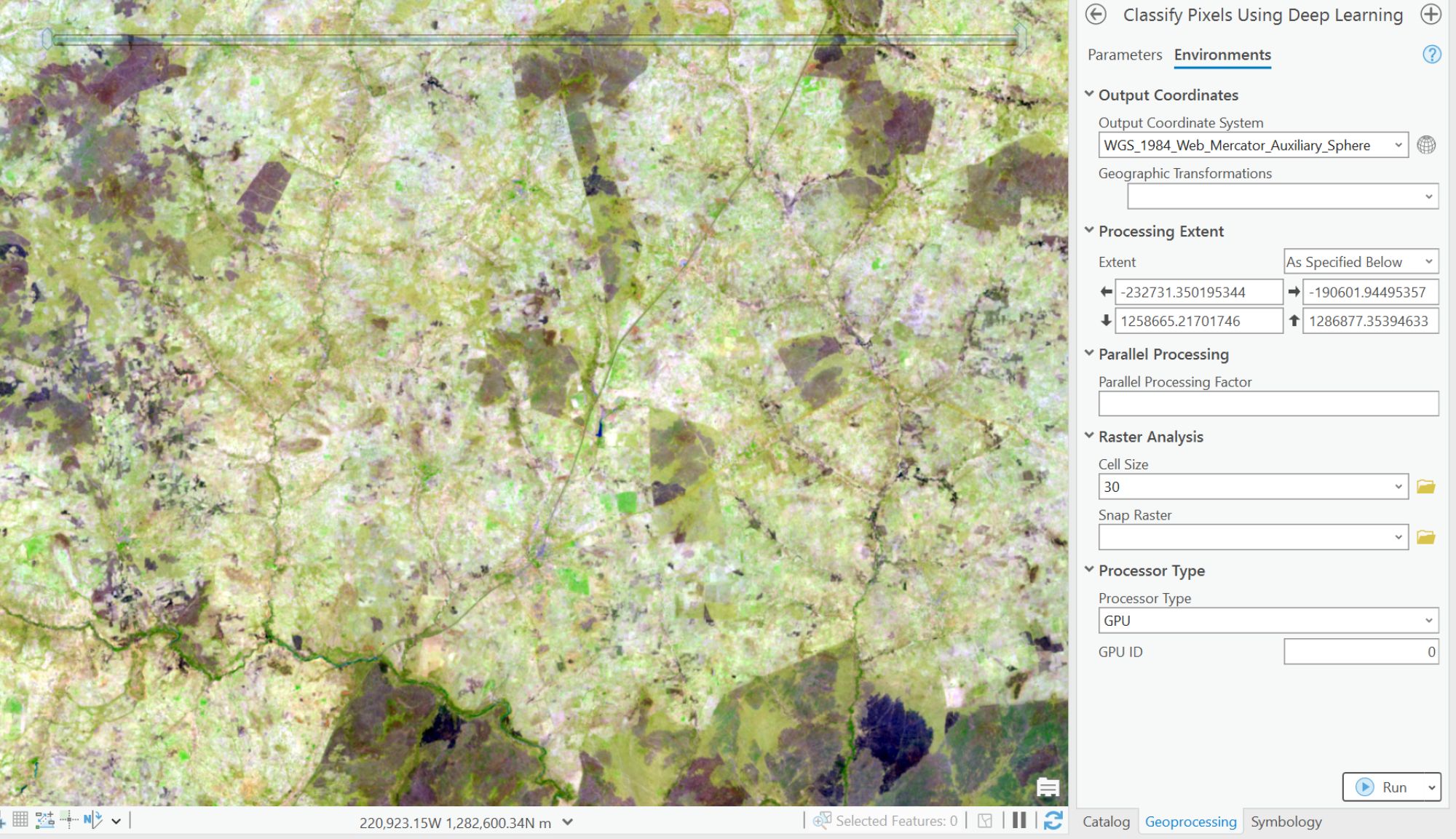 Screenshot showing an aerial and the interface for the Environments tab in ArcGIS Pro.