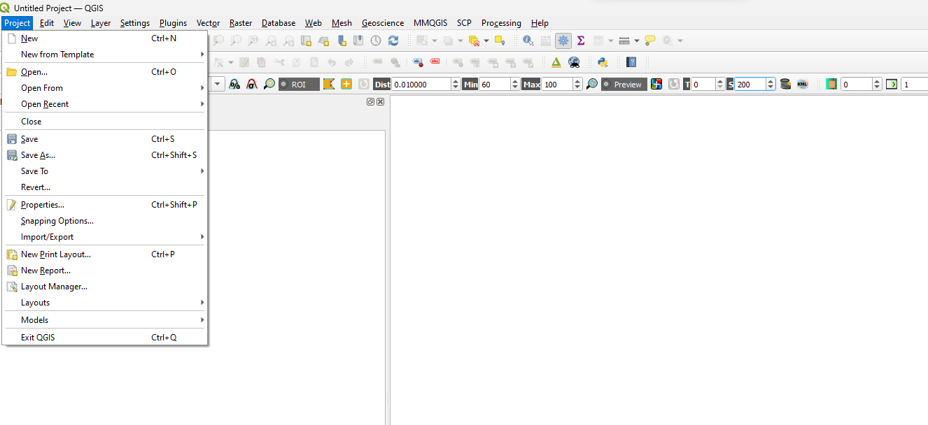 Screenshot showing an empty project window in QGIS.