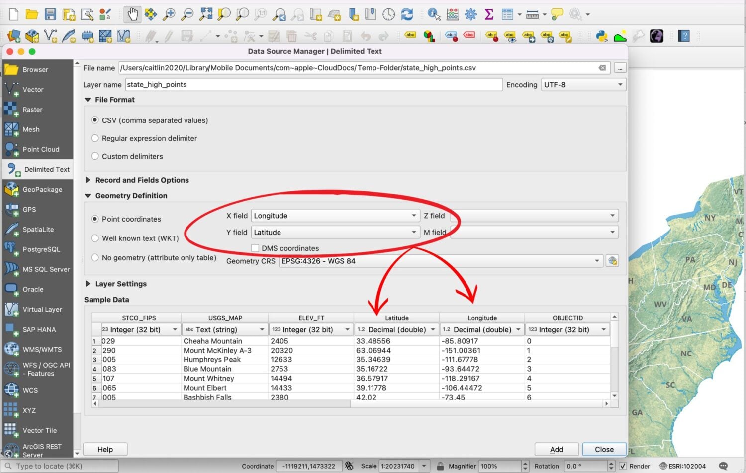 Screenshot from QGIS showing the interface for adding a CSV file with a red circle around the dropdown menus for designated the X and Y fields.