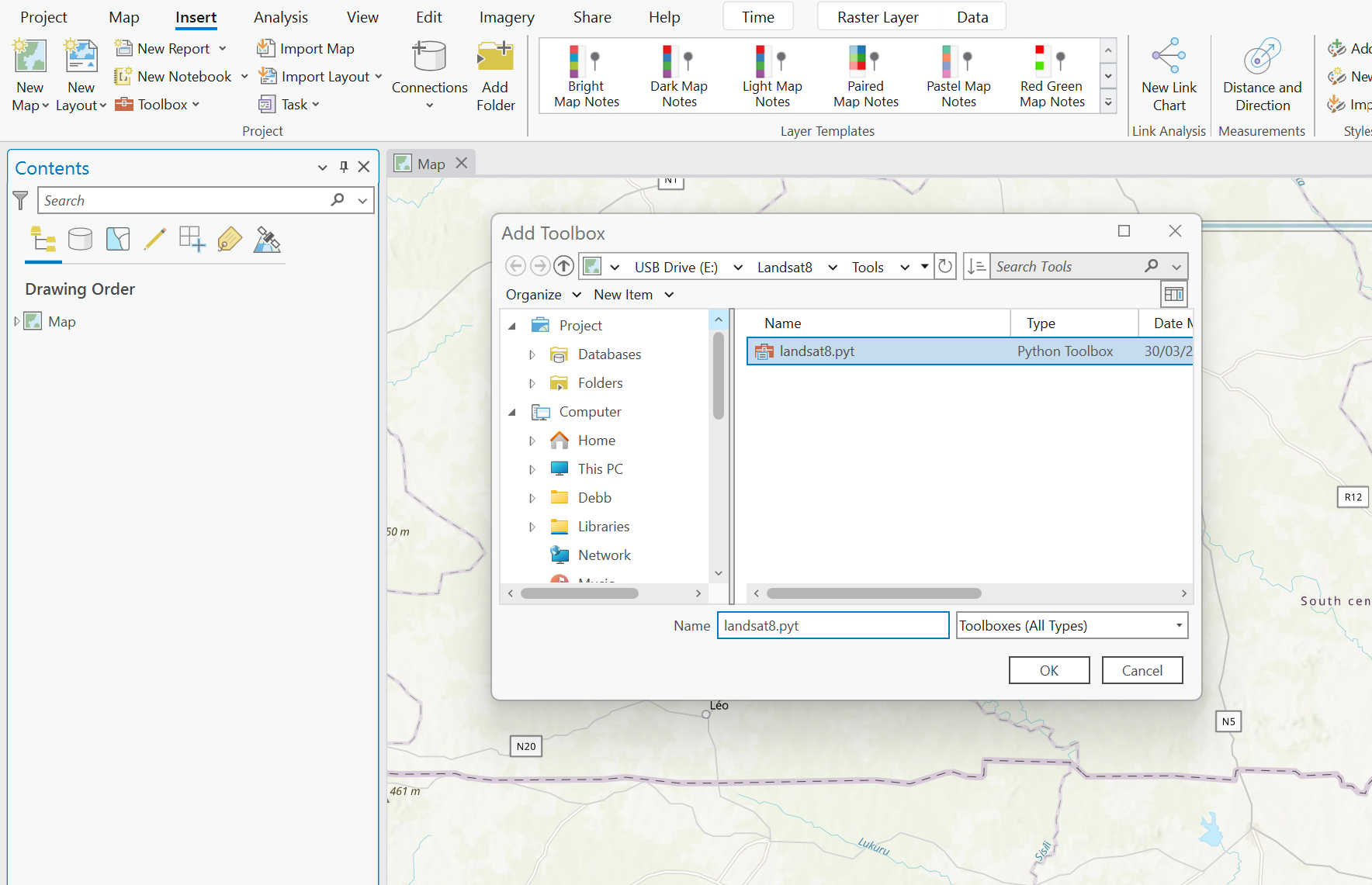 Screenshot showing the interface for importing Landsat 8 script into ArcGIS.