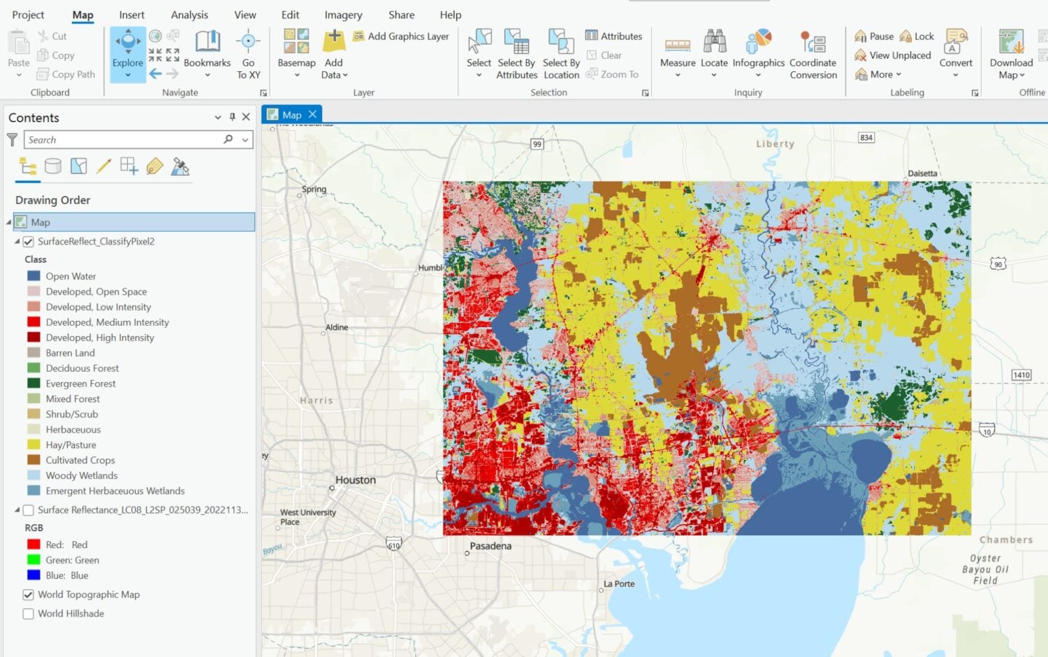 Screenshot of a land cover classification map in ArcGIS Pro.