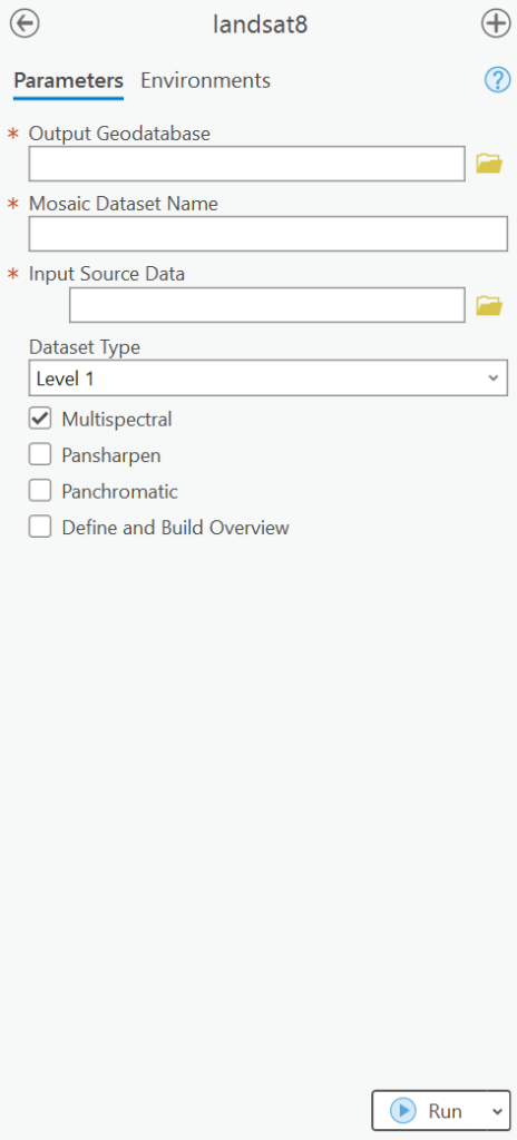 Screenshot showing the manage Landsat 8 imagery GUI in ArcGIS Pro.
