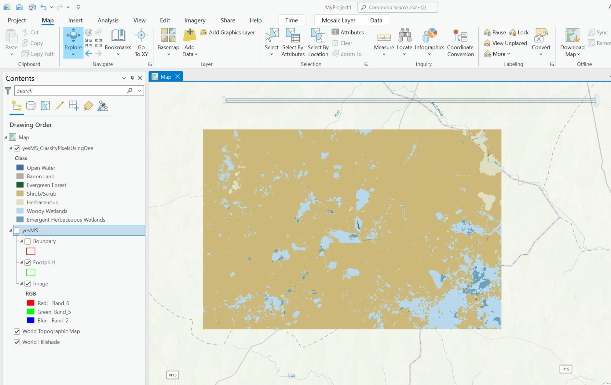 A screenshot showing an overlay showing land cover classification for an area.