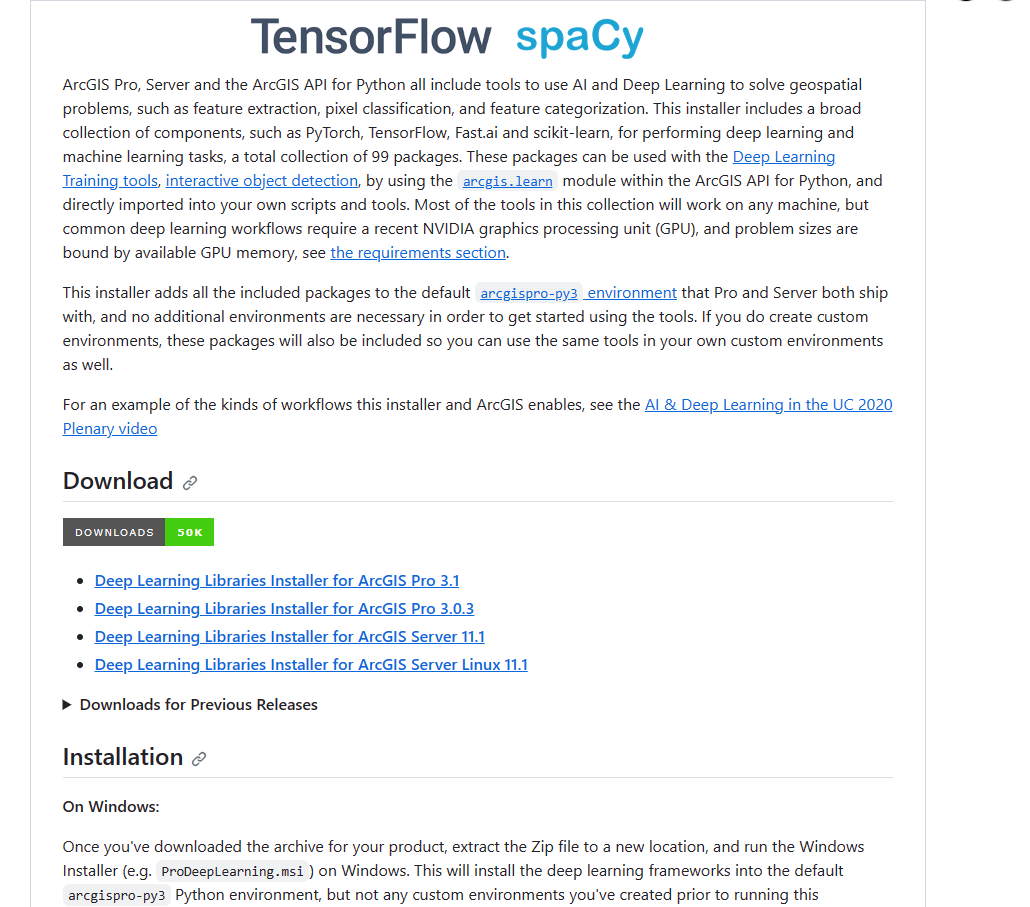 A screenshot showing the deep learning file links and instructions from Esri.