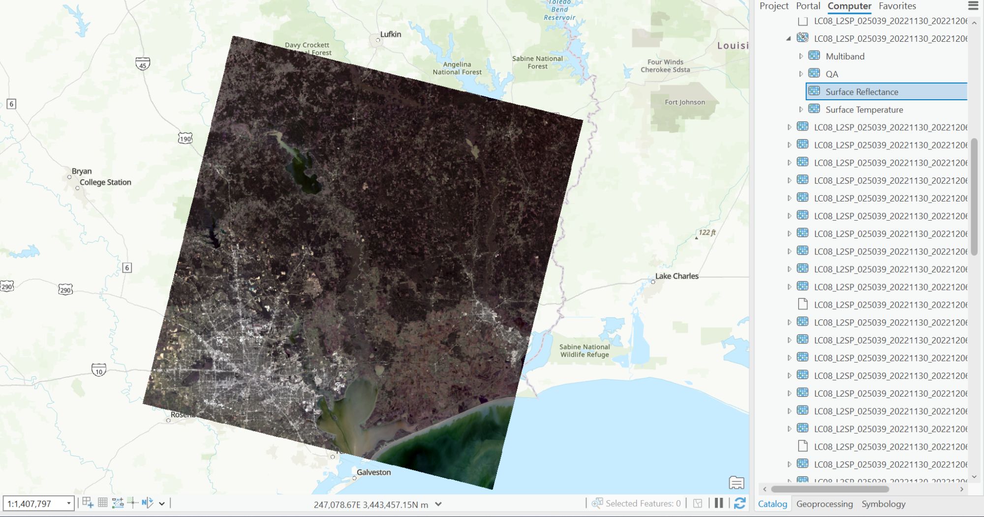 Screenshot showing a surface reflectance layer in shades of white to black gradient for a Landsat 8 layer in ArcGIS Pro.
