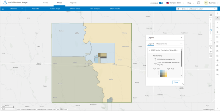 Screenshot from Business Analyst showing a color coded map for beer consumption among seniors in Boone County, Iowa.