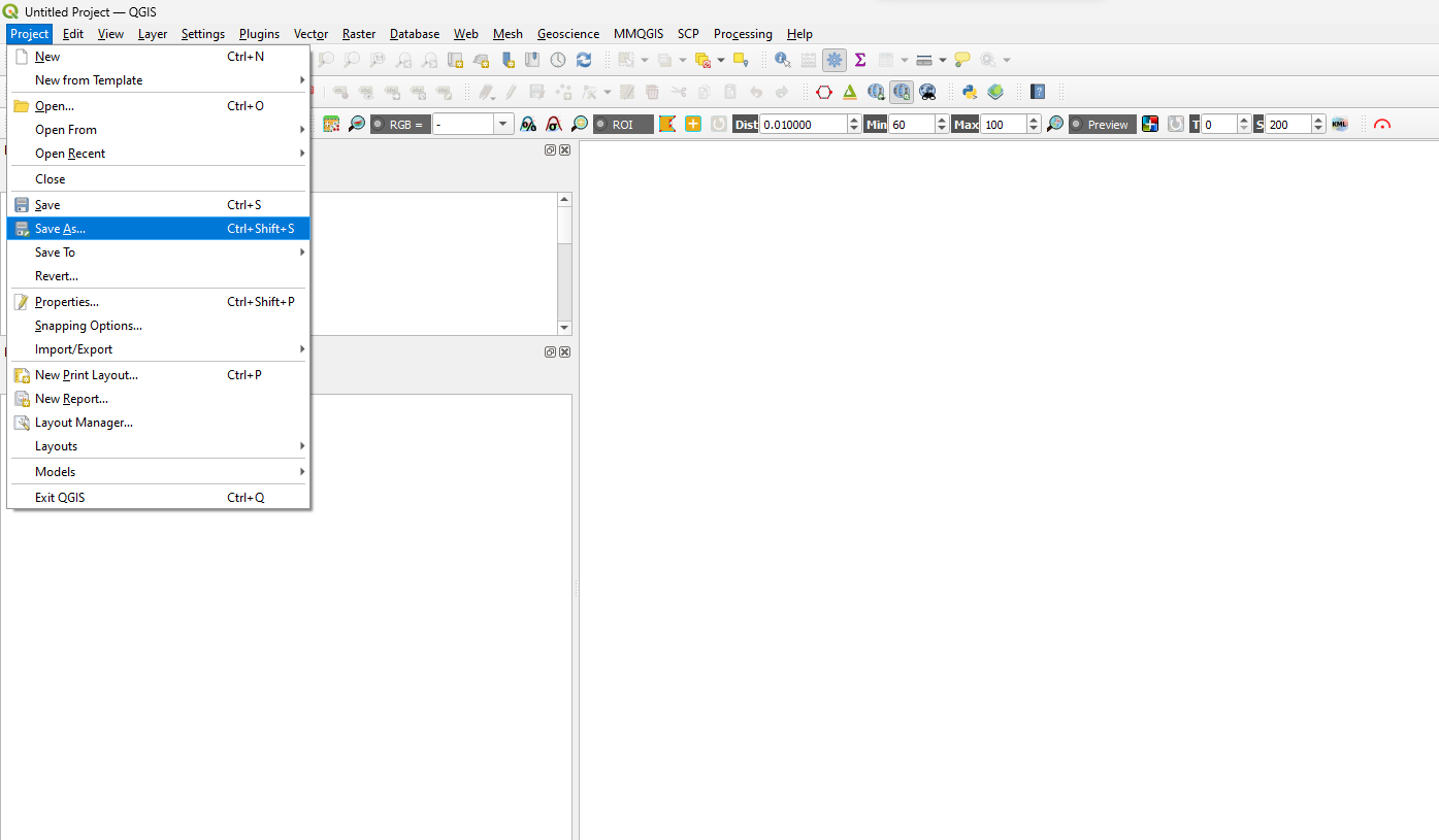 Screenshot showing the menu option for creating a new project in QGIS.
