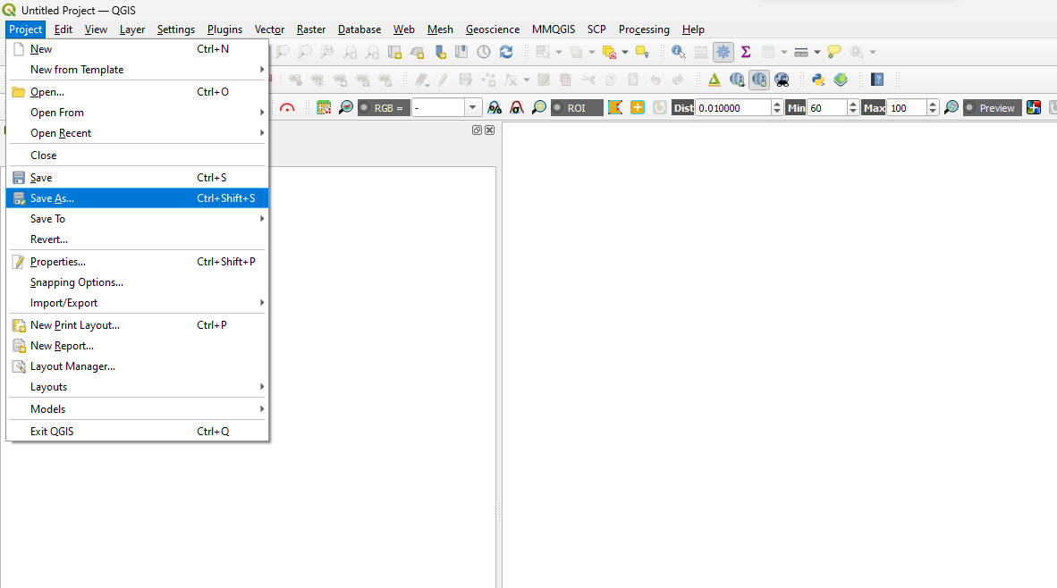 A screenshot showing the menu item for saving a project in QGIS.