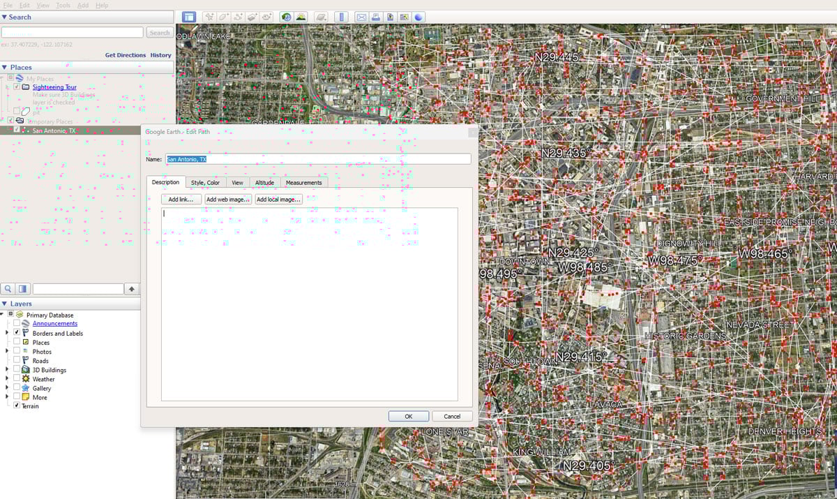A screenshot from Google Earth Pro with red lines on top of an aerial.