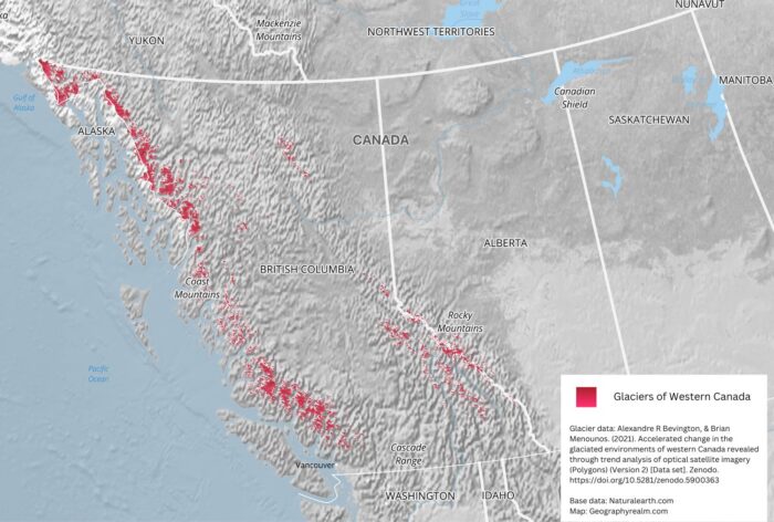 A grayscale shaded relief map of the western part of Canada with red areas on top showing glaciers.