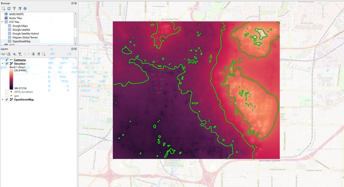 A screenshot showing the results of using the contour tool with contours as green lines and an underlying yellow to dark red elevation raster layer.
