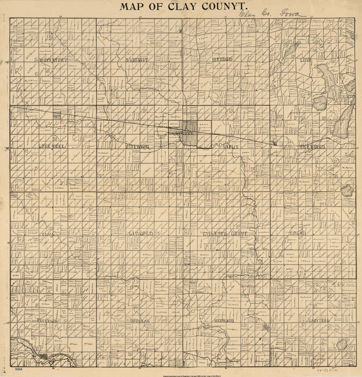 A scanned yellow map from 1896 showing property owners in Clay County, Iowa.